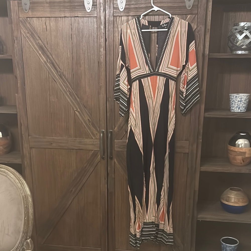 Geometric Patterned Maxi Dress - Black and Orange